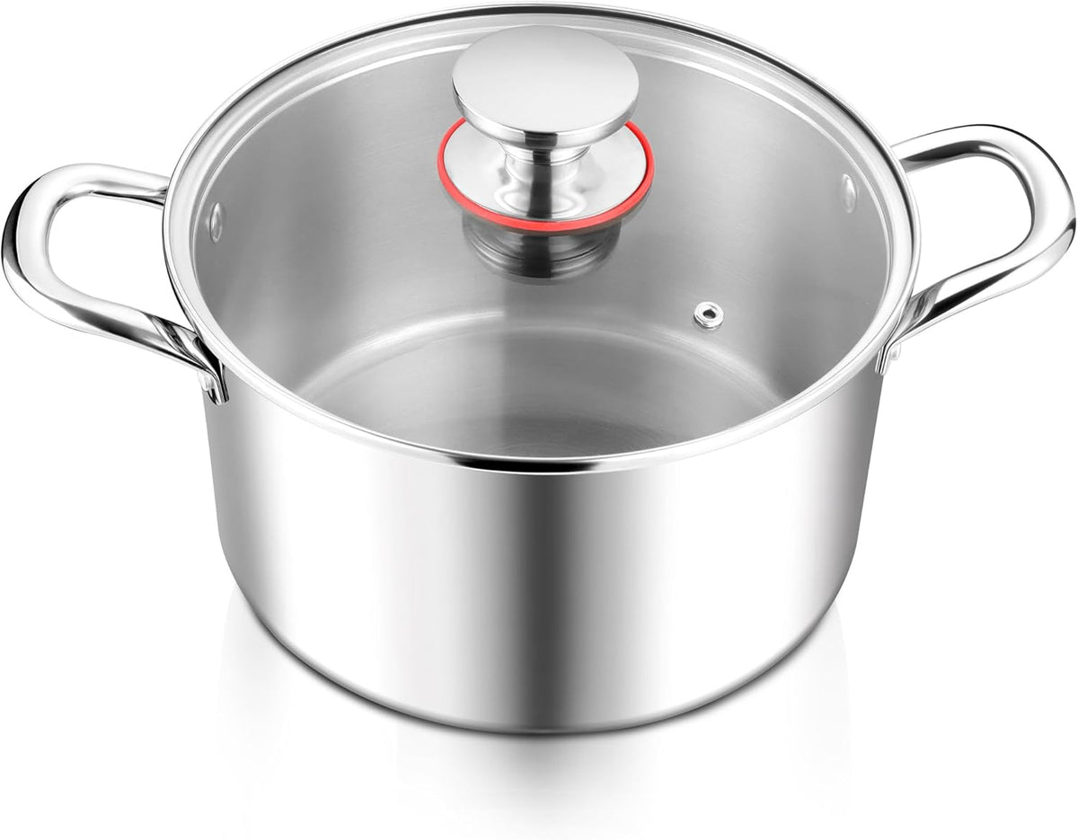 E-far 6 Quart Stock Pot, Tri-Ply Stainless Steel Cooking Pot with Glass Lid and Riveted Handles, Metal Pasta Soup Pot for Induction Ceramic Electric Gas Stoves, Heavy Duty & Dishwasher Safe