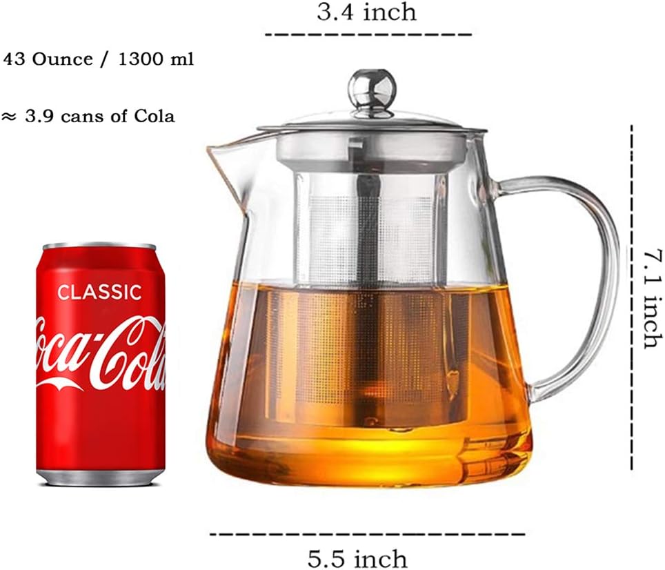 Glass Teapot with Infuser Tea Pot 32oz/43oz Tea Kettle Stovetop Safe Blooming and Loose Leaf Tea Maker Set (43oz/ 1300ml)