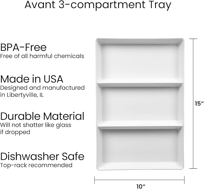 US Acrylic Avant White Plastic Divided Serving Trays (Set of 3) 15” x 10” | Large Reusable 3-Section Party Platters | Serve Appetizers, Fruit, Veggies, & Desserts | BPA-Free & Made in USA