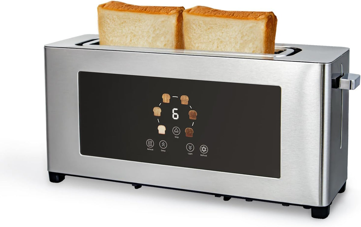 2 Slice Toaster with Touch Screen, Slim Toaster For Long Slice, 1.6" Wide Slot, 6 Browning Levels, 1000W Fast Heating, Slim Stainless Steel Design for Bagels, Baguettes, Compact Kitchen & RV Use