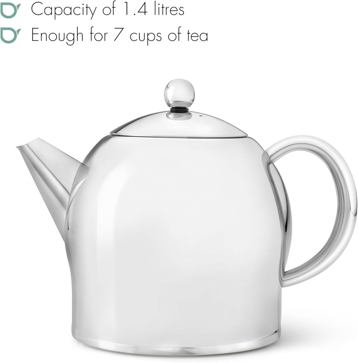 Santhee Double Walled Teapot, 1.4-Liter Stainless Steel Glossy Finish with Glossy Accents