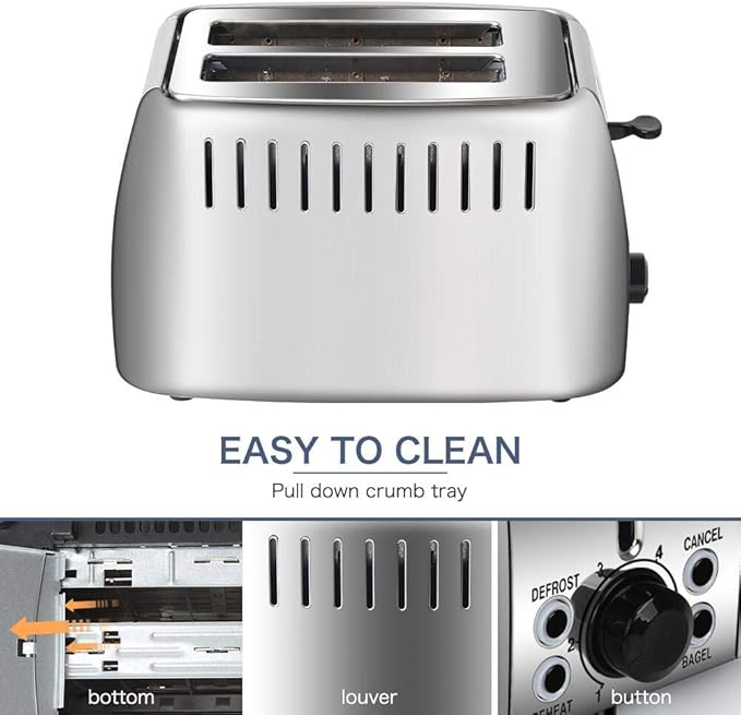 Toaster 2 Slice Stainless Steel Bagel Toaster Extra Wide Slots with 6 Browning Setting, Bagel/Reheat/Defrost/Cancel Function for Toasting Bread, Bagels and Waffles, 750W, Silver