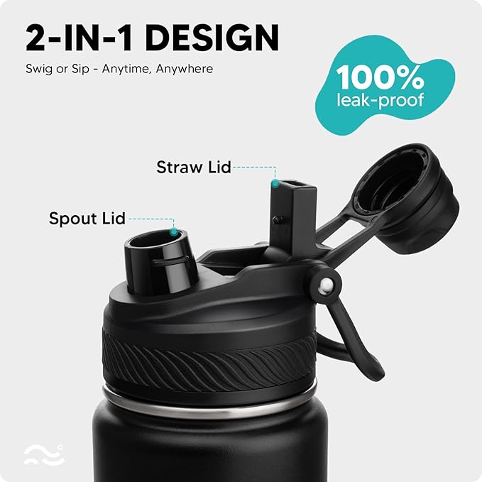 Swigina [2-IN-1 LID] Insulated Water Bottle with Silicone Boot (36hrs Cold/18hrs Hot) - DIY Stickers, Leakproof, BPA Free, 24 oz