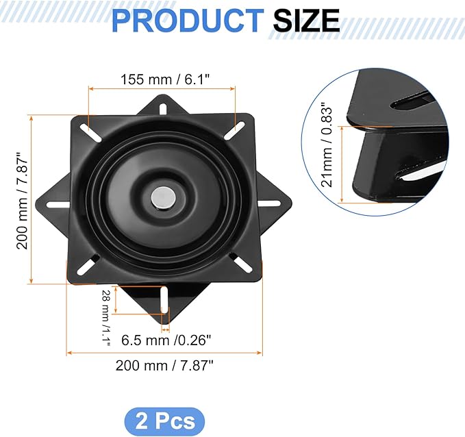 uxcell 2Pcs 8" Bar Stool Swivel Replacement, 360° Rotation Lazy Susan Turntable, Square Semi-Ball Bearing Seat Swivel Base Mount Plate for Recliner Chair or Table, Black (200x2mm)