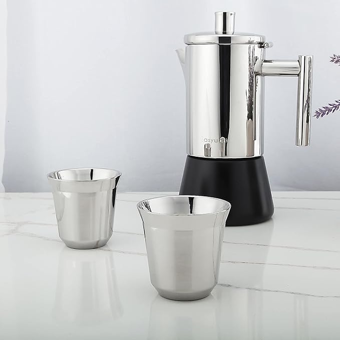 Easyworkz Stainless Steel Espresso Cup 2pcs Set Double Wall 5 oz, Bundled Espresso Steaming Pitcher Stainless Steel 12 oz Coffee Frothing Picther Milk Jug Cappuccino Latte Art Cup