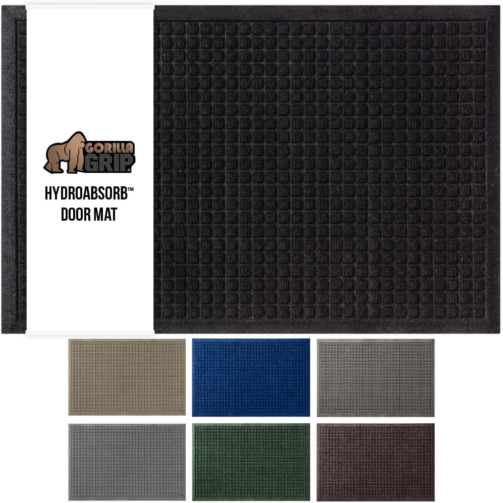 GORILLA GRIP Front Door Mat, 47x35, Indoor Outdoor Ultra Absorbent HydroAbsorb Doormat, Absorbs Up to 6 Cups of Water, Stain and Fade Resistant, Rubber Backing Doormats, Captures Dirt, Black