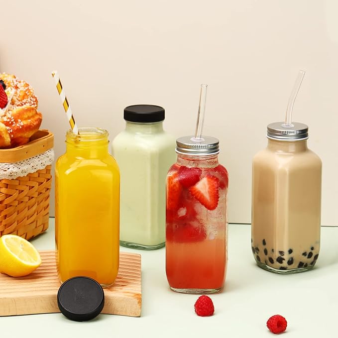 CUCUMI 10pcs 16oz Glass Juice Bottles with Lids, Reusable Juice Containers Drinking Jars Water Cups with Brush, Glass Straws, Lids with Hole | 10pcs, with Lids, Reusable, Juice Containers, Drinking Jars, Water Cups