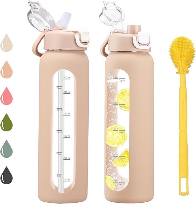 chunmo 32 oz Glass Water Bottles with 2 Lids-Handle Spout Lid & Straw Lid, 1 Liter Motivational Borosilicate Water Bottle with Time Marker and Silicone Sleeve,Leakproof-Amber-1 Pack