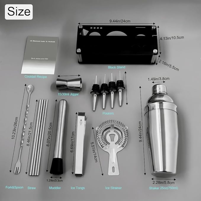 14-Piece Cocktail Shaker Set Bartender Kit with Black Stand, Bar Tool Set for Drink Mixing Bartending Kit Bar Sets Accessories: 750ml(25oz) Shaker, Jigger, Muddler, Cocktail Recipes (Silver)