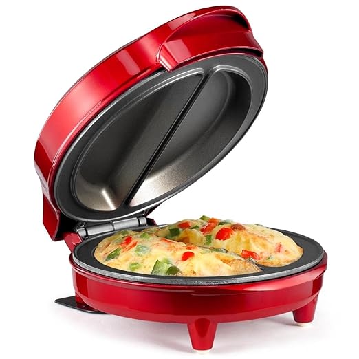 Holstein Housewares Stainless Steel 2 Section Omelet & Frittata Maker, Non Stick Coating, Easy To Clean, Indicator Lights, Compact Storage, Versatile Recipes in Minutes. 2 Portions, Metallic Red