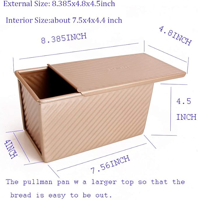 monfish Pullman Loaf Pan w Cover Bread Toast Mold corrugated loaf Pan w lid 1lb dough Alluminumed Steel Non Stick Gold (8.5X4.75X4.375INCH)