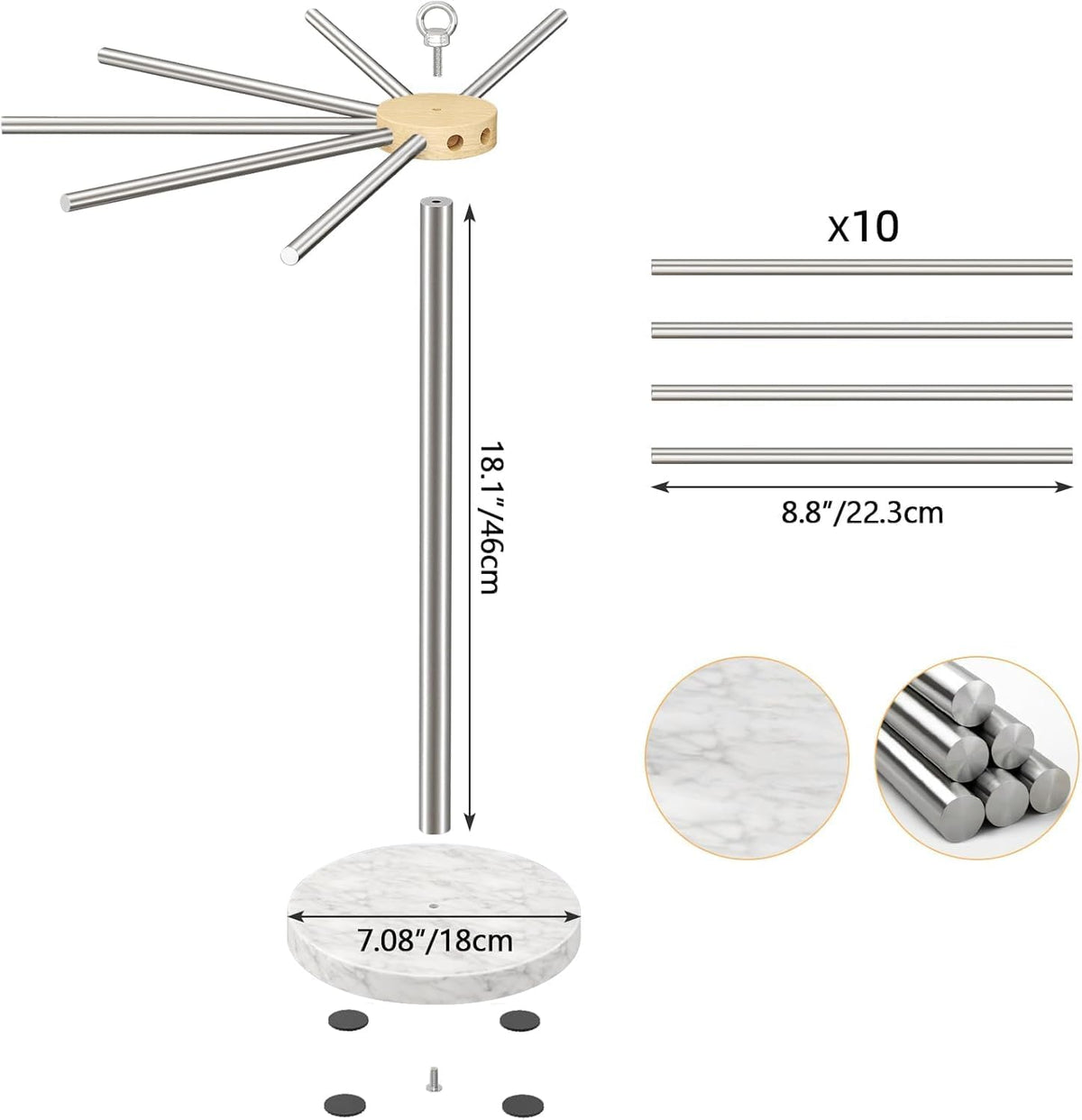 Pasta Drying Rack, 304 Stainless Steels Pasta Rack with Handle, Detachable Stand Noodles Drying Hanger for Homemade Fresh Spaghetti, Tagliatelle, Fettuccine, Marble Base