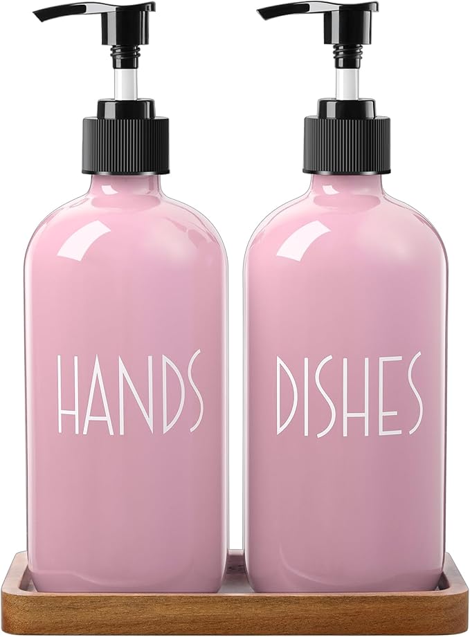 ALELION Dish Soap Dispenser for Kitchen - 16 OZ Glass Hand Soap Dispenser Set with Acacia Wood Tray - Pink Kitchen Bathroom Decor and Accessories