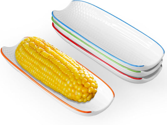 Cinf Colorful Side Ceramic Corn Cob Holders 8.8" Corn Dishes Set of 4, White Dishes Non-slip Bottom Microwave Dishwasher Oven Safe