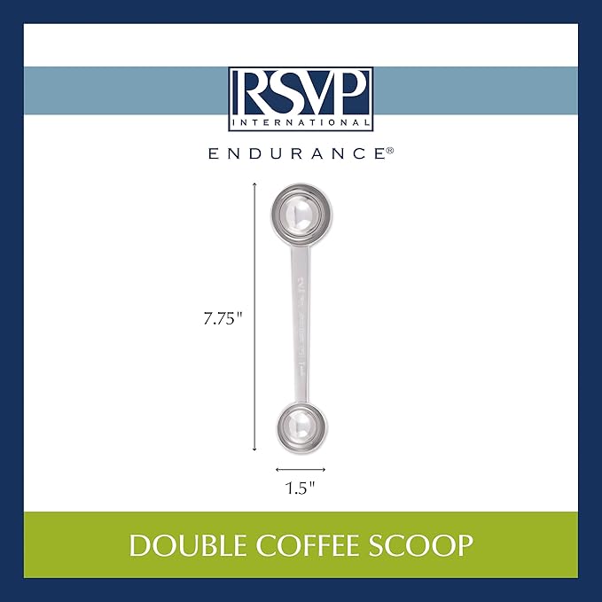 RSVP International Coffee Measuring Spoon, Long Handled Stainless Steel Scoop Multi-purpose for Baking, Ground Coffee, Beans or Loose Leaf Tea, Double, 1-Tbsp/2-Tbsp