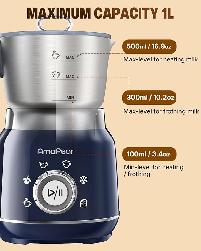Milk Frother and Steamer, 6 in 1 Electric Foam Maker for Coffee, 16.9oz/500ml Milk Warmer for Latte, Macchiato, Cappuccino, Hot Chocolate Maker, Dishwasher Safe (Blue)