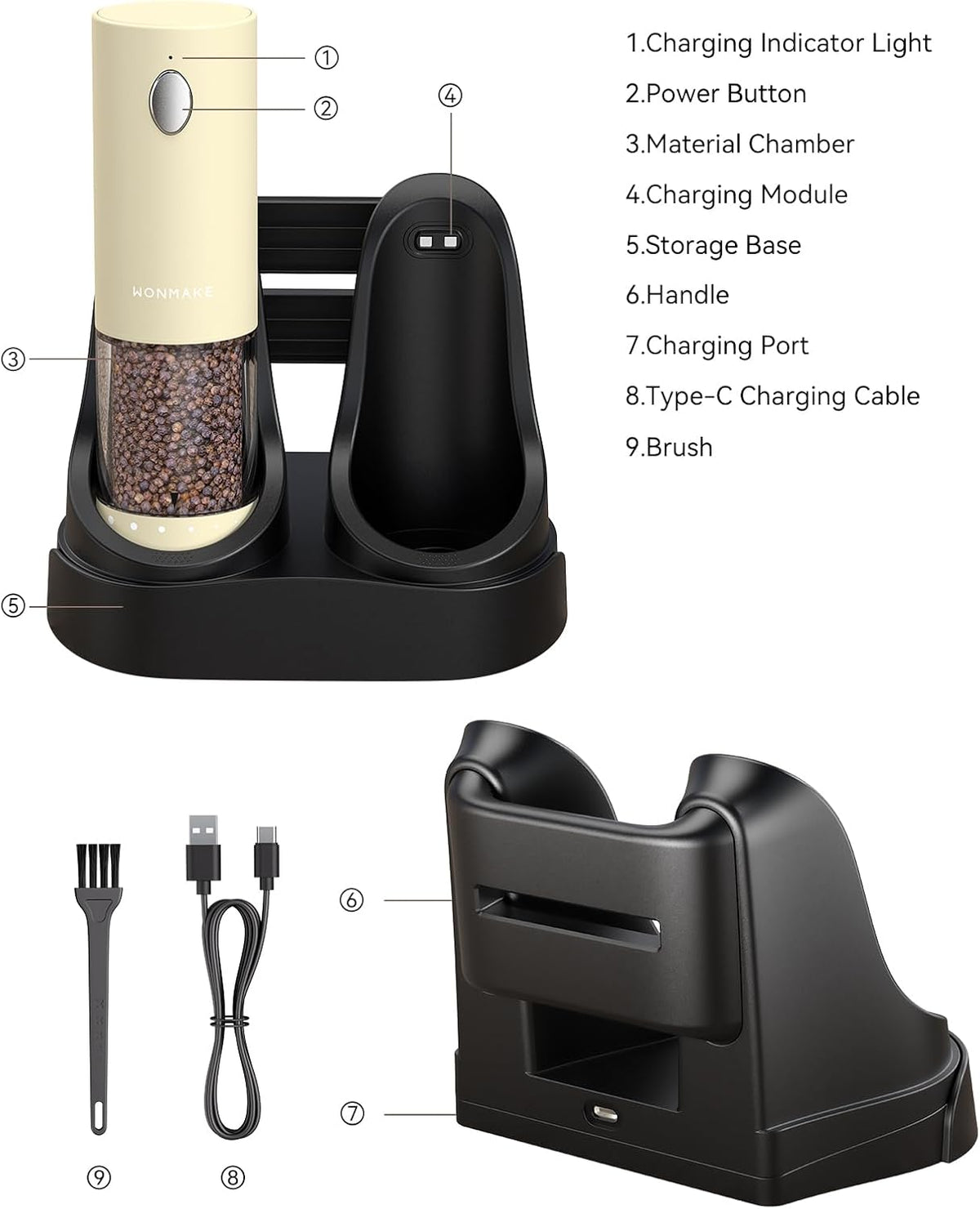 Electric Salt and Pepper Grinder Set - Automatic Refillable Salt and Pepper Grinders with Charging Base & LED Light, 6-Level Adjustable Coarseness with External Dial, Ideal Kitchen Gadget，Beige