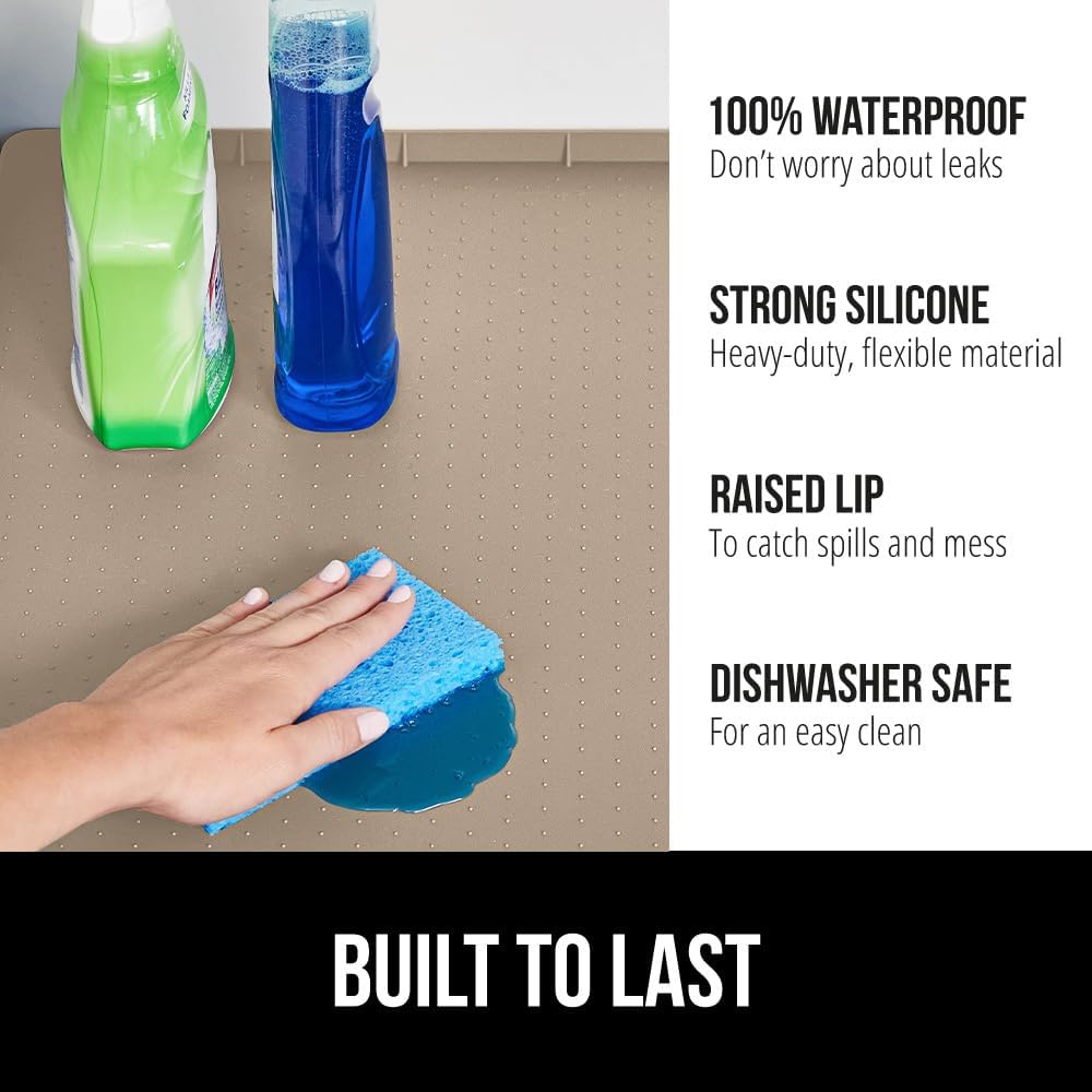GORILLA GRIP Waterproof Silicone Under Sink Mat with Raised Lip for Kitchen and Bathroom, 31 x 22 in, Cabinet Shelf Liner Stay in Place Mats Dishwasher Safe Drawer Liner, Organizer Tray, Beige