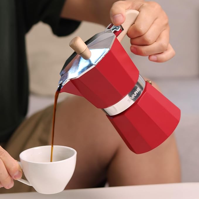 Sivaphe Aluminum Moka Pot 9 Espresso Cups, Percolator Espresso and Coffee Maker, Portable Stovetop Italian and Cuban Café Brewer for Home and Camping Red