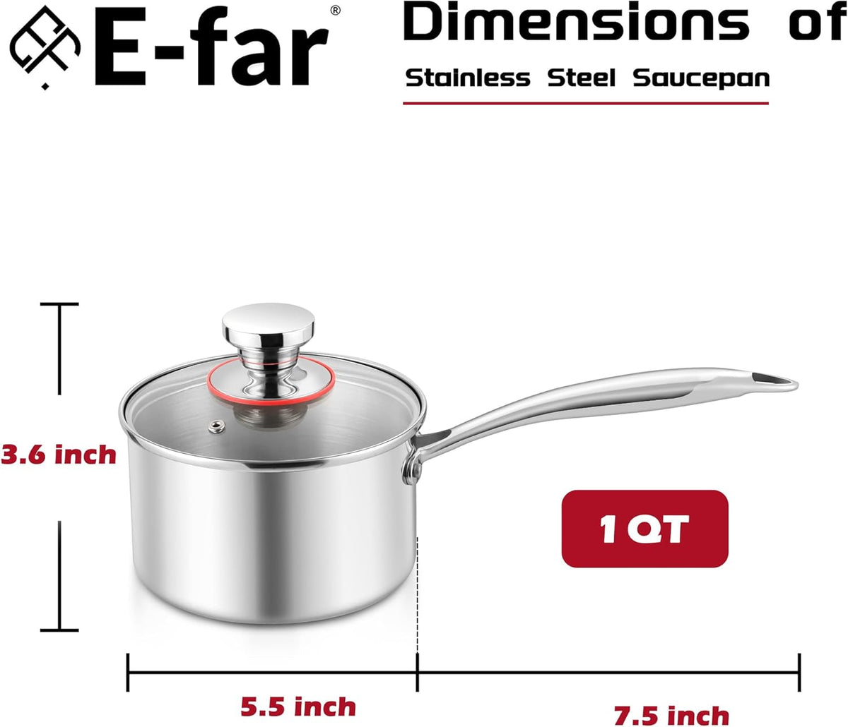 E-far 1-Quart Saucepan, Tri-Ply Stainless Steel Sauce Pan with Glass Lid, Small Cooking Induction Pot Compatible with All Cooktops, Non Toxic, Oven & Dishwasher Safe