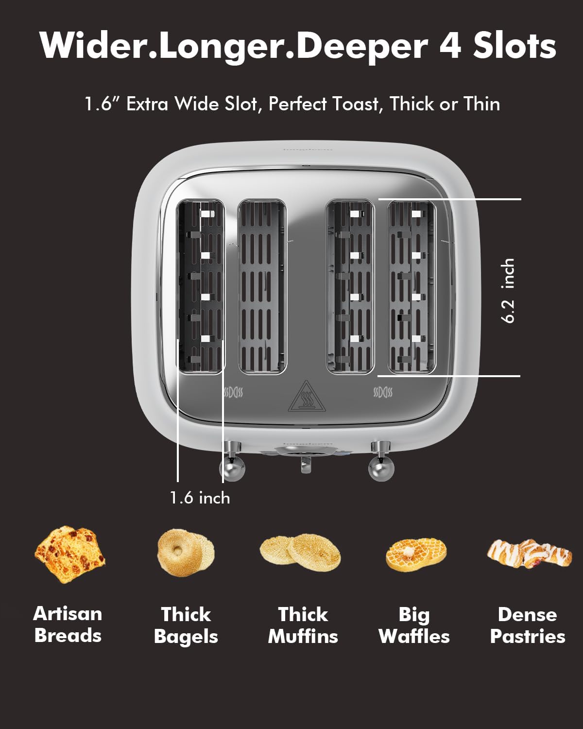 4-Slice Stainless Steel Toaster with 1.6" Wide Slots, Retro Bagel Toaster with 6 Browning Levels, Defrost/Bagel/Cancel, Removable Crumb Tray, Cute White