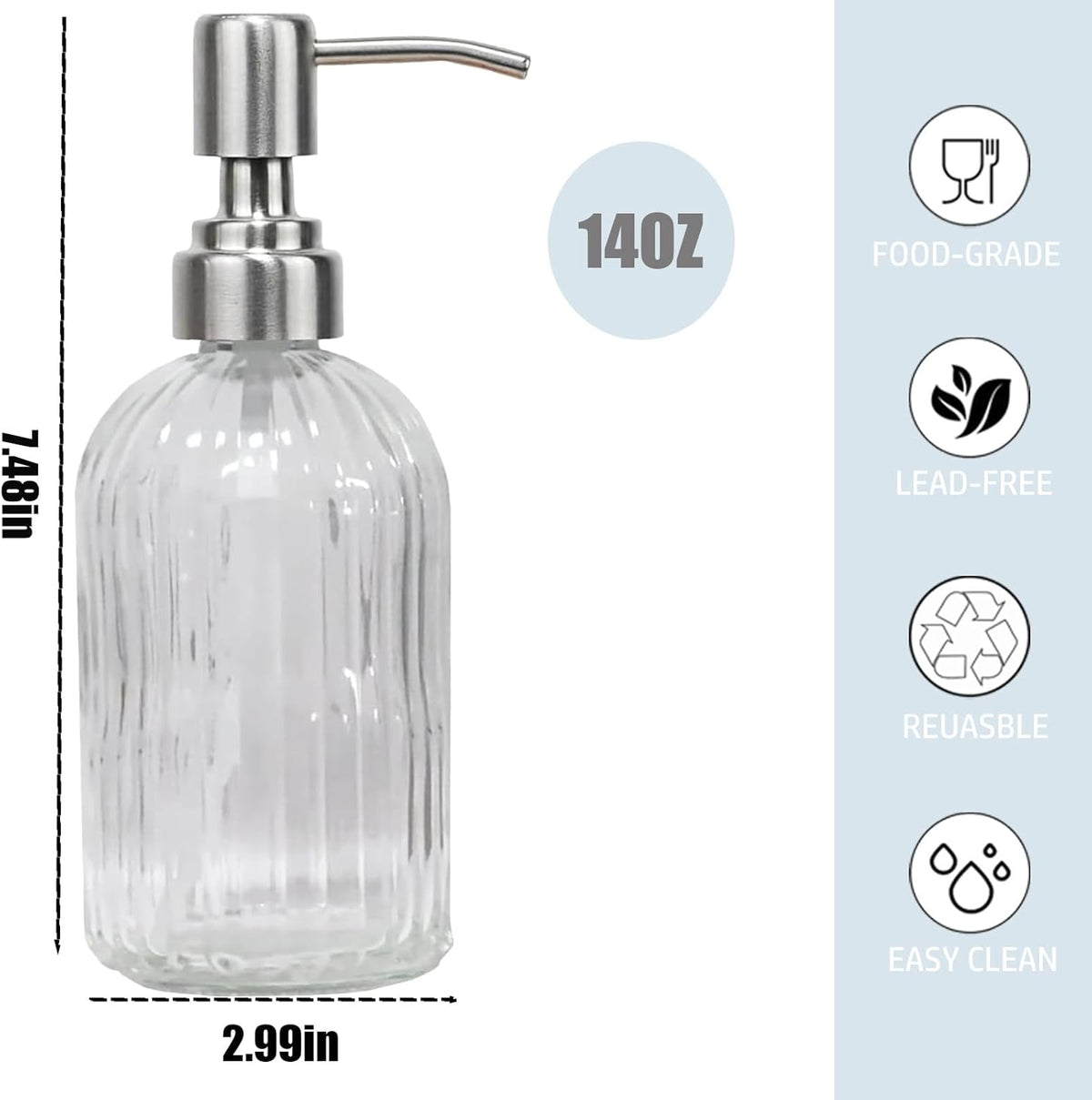 14Oz Clear Soap Dispenser Bathroom, Glass Hand Soap Dispensers with Stainless Steel Pump, Refillable Dish Soap Dispenser for Kitchen, Countertop Soap Dispensers
