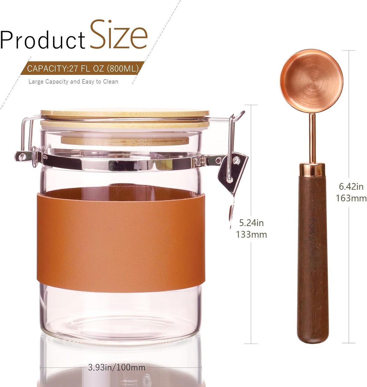 Glass Storage Jars with Spoon, Kitchen Food Storage jars with spoon, Glass Coffee Nuts Canister with Bamboo Lids, Scoop for Beans, Ground Coffee,Nuts, Cookie, Flour (27OZ×2)