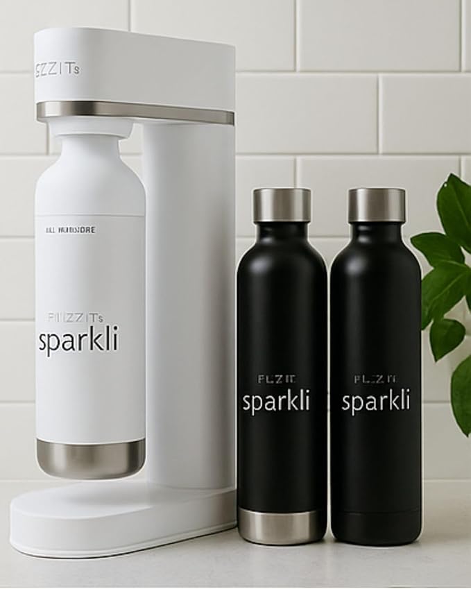 Fizzit Spärklï Carbonated Water Soda Maker in White with 2 Black Stainless Steel Bottles & 1 White Stainless Steel Bottle