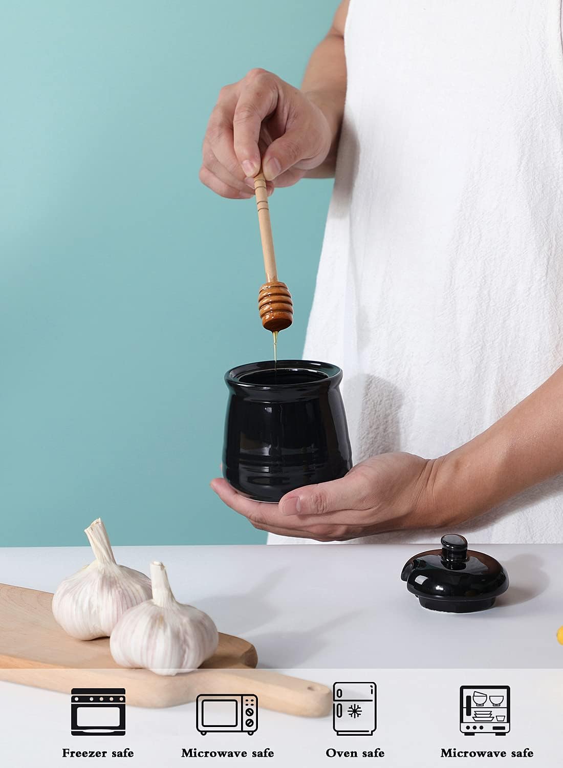 LEETOYI Ceramic Honey Jar with Lid and Dipper,Honey pot for Kitchen,12oz (Black)