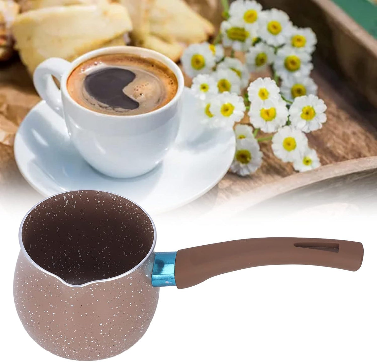 Mini Milk Pan, Mini Non Stick Pot, Butter Warmer Pot, Aluminium Alloy for Home Kitchen Mini Milk Pan Single Handle 9cm Diameter Anti Scalding Saucepan Cooking Pot Stone Pot(brown)