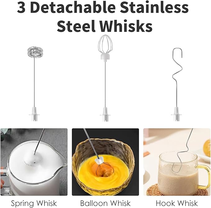 Rechargeable Milk Frother Handheld with 3 Detachable Stainless Steel Whisks, 3 Speed Adjustable Electric Whisk Foam Maker, Handheld Drink Mixer, Frother Wand for Coffee, with Storage and Charging Base