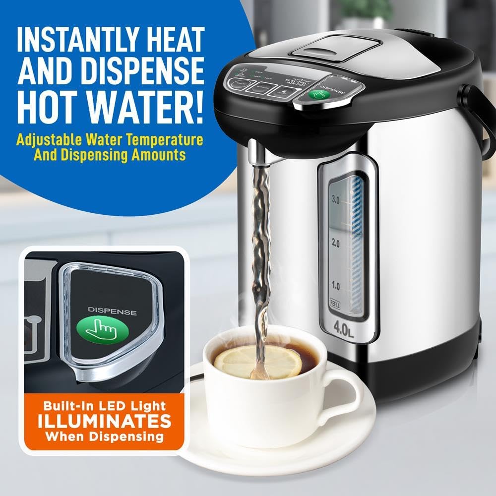 NutriChef Electric Water Boiler and Warmer - 4L/4.2Qt Stainless Steel Electric Hot Water Dispenser w/Rotating Base, Auto Shut Off, Safety Lock, Instant Heating for Coffee & Tea (NCHUB24)