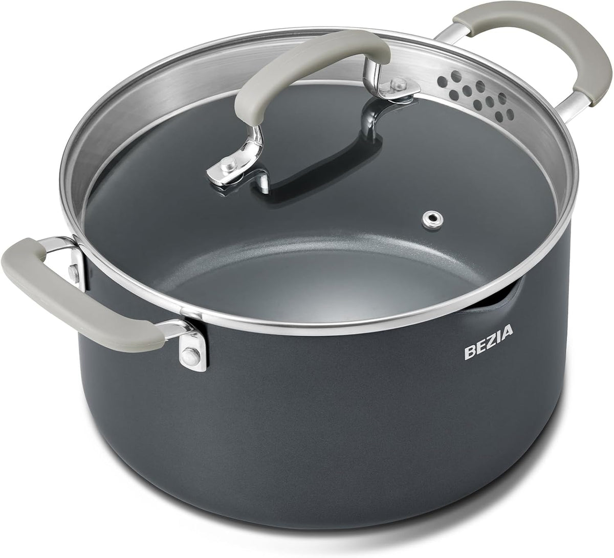 BEZIA 6 QT Cooking Pots with Lids, Soup Pot with Nonstick Ceramic Coating, Stay-Cool Handles, Nonstick Stock Pot with Strainer Lid, Dishwasher Safe, Induction Compatible