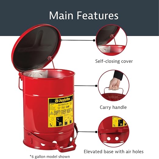Justrite 21 Gallon Galvanized Steel Oily Waste Can, 23.5" x 18" Metal Oil Rag Safety Can with Foot Operated Self-Closing Lid for Oil Rag Disposal, Made in The USA, Red, 09700