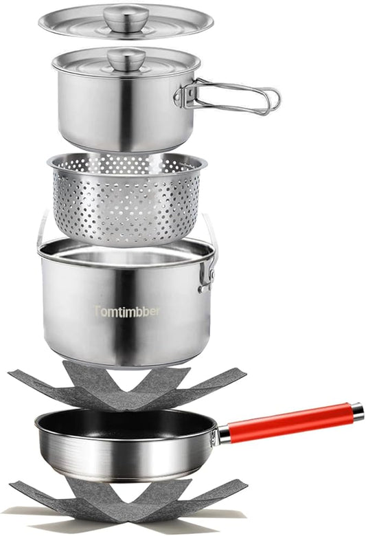 Camping Cookware Set 304 Stainless Steel Cooking Pots Pan Set with Travel Tote Bag for Camping Outdoor Kitchen Cooking Picnic for 4-6