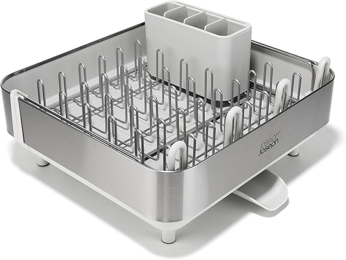 Joseph Joseph Extend Steel Plus Extendable Dish Rack Steel, Small to Large Dish Drainer with Wine Glass Holder & Drain Spout