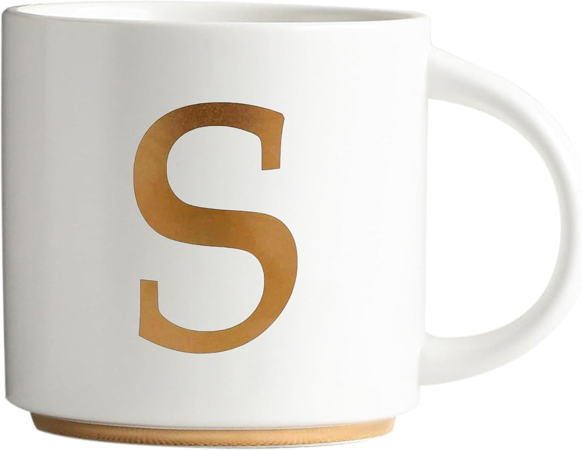 COLLECTIVE HOME - Monogram Ceramic Mugs, 15 oz Golden Initial Coffee Cups, Elegant Alphabet Tea Mugs, Elegant Personalized Mug with Gift Box, Unique Mug with Double Side Capital Letter (S)