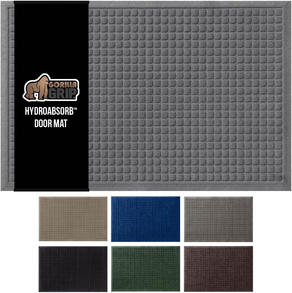GORILLA GRIP Front Door Mat, Indoor Outdoor Ultra Absorbent HydroAbsorb Doormat, Absorbs Up to 1.7 Cups of Water, Stain and Fade Resistant, Rubber Backing Doormats, Captures Dirt, 29x17 Gray