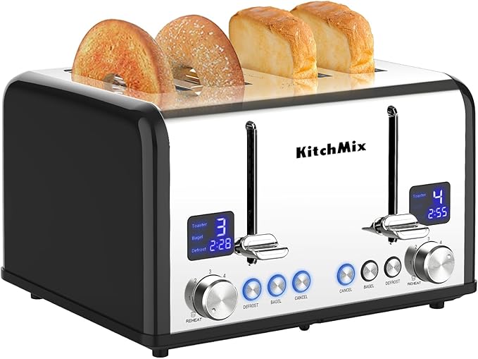 Toaster 4 Slice, KitchMix Bagel Stainless Toaster with LCD Timer, Extra Wide Slots, Dual Screen, Removal Crumb Tray (Black)