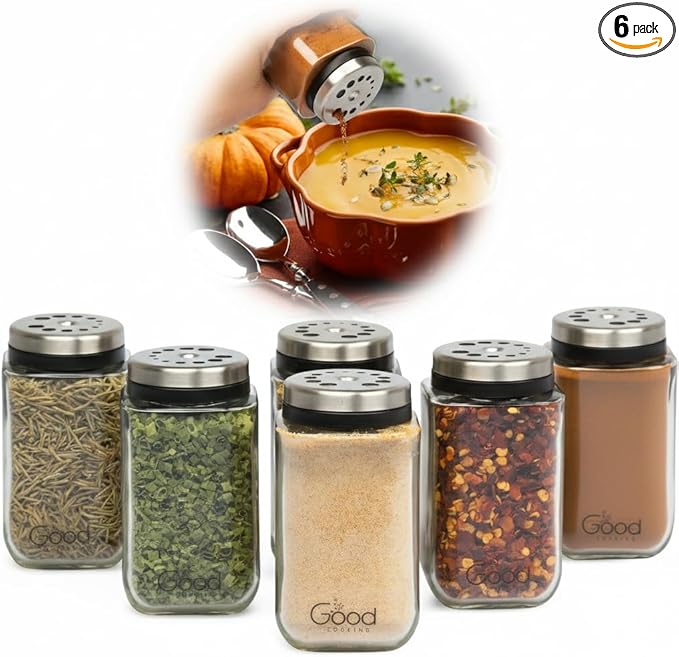 Adjustable Glass Spice Jars (Set of 6) with 6 Pouring Sizes- Stainless Steel Lid/Cap- Square Seasoning Bottle Containers for Minimalist Kitchen Pantry Storage Organization- Fill Shaker w Salt Pepper