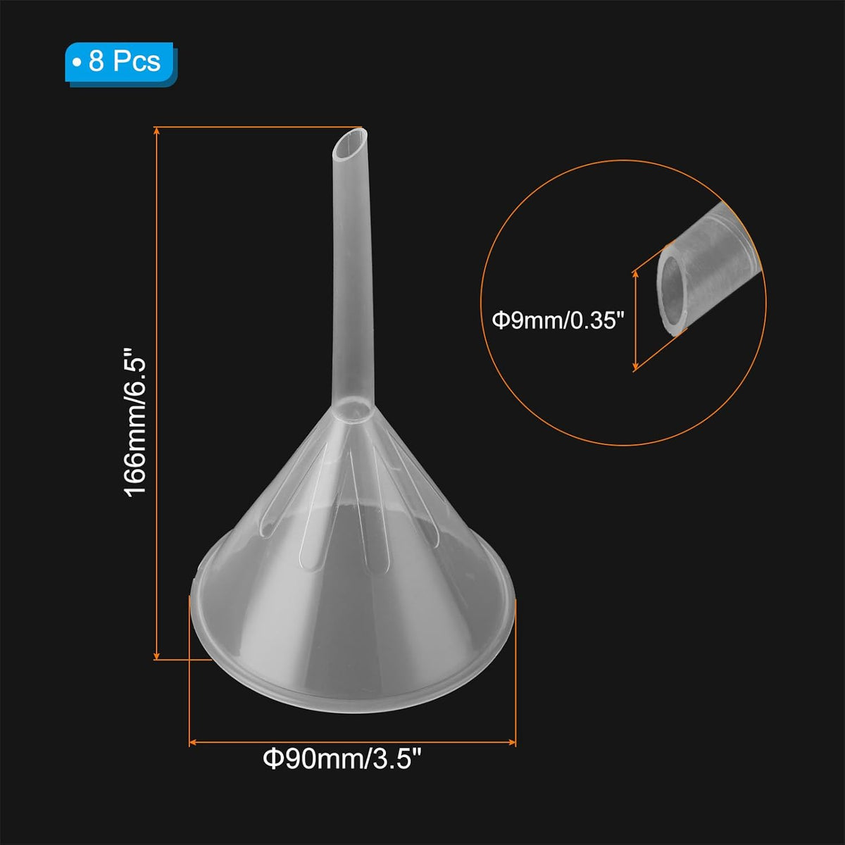 PATIKIL 3.5 Inch Clear Plastic Funnel, 8 Pcs Wide Mouth Multipurpose Transfer Funnel with Long Spout for Filling Water Bottle Liquid Lab Spices Powder Oil