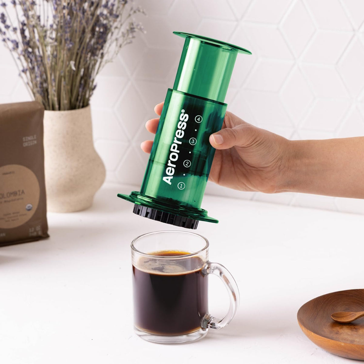 AeroPress Clear Green Coffee Press – 3 In 1 Brew Method Combines French Press, Espresso-style, Full Bodied Coffee Without Grit or Bitterness, Small Portable Coffee Maker for Camping & Travel, Green