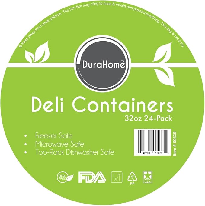 DuraHome - Deli food Storage Containers with Lids 32 oz, Quart Pack of 24 Leak-proof Freezer Safe Microwaveable Soup Storage Container - Clear Plastic Premium Quality
