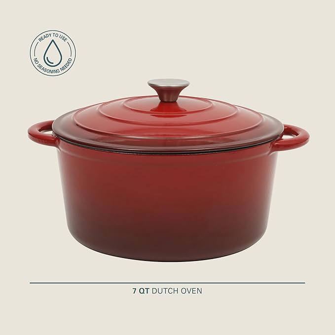 Gibson Home Addlestone 7 Qt Enameled Cast Iron Dutch Oven Pot with Lid – Round, Oven Safe to 500°F, Ideal for Bread Baking & Stews - Gradient Red