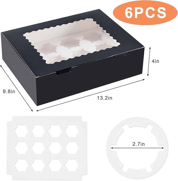 Hoewina 6PCS Cupcake Boxes - Hold 12 Count Cupcake Containers with Window, Food Grade Cupcake Holder Easy Transport and Presentation - Ideal for Cupcakes, Desserts, and More (Black)