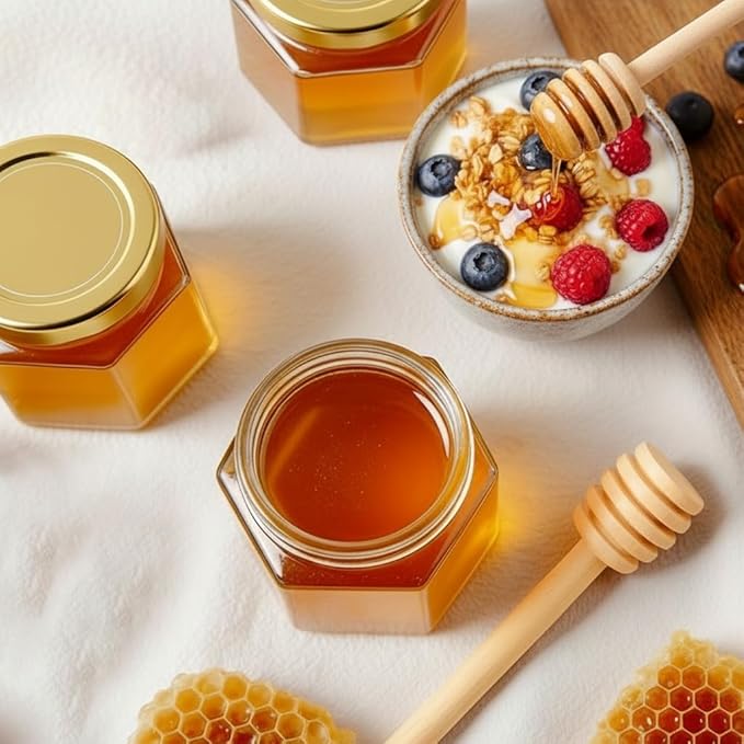 Adabocute Honey Pot, Mini Glass Honey Jars with Wood Dipper, Gold Lid, Bee Charms, Gold Organza Bags, Thank-you Tags, Ideal for Baby Showers Wedding Favors Party Favors, 2oz 30 Pack