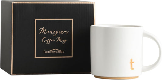 COLLECTIVE HOME - Monogram Ceramic Mugs, 15 oz Golden Initial Coffee Cups, Elegant Alphabet Tea Mugs, Elegant Personalized Mug with Gift Box, Luxurious Cups for Office and Home (t)
