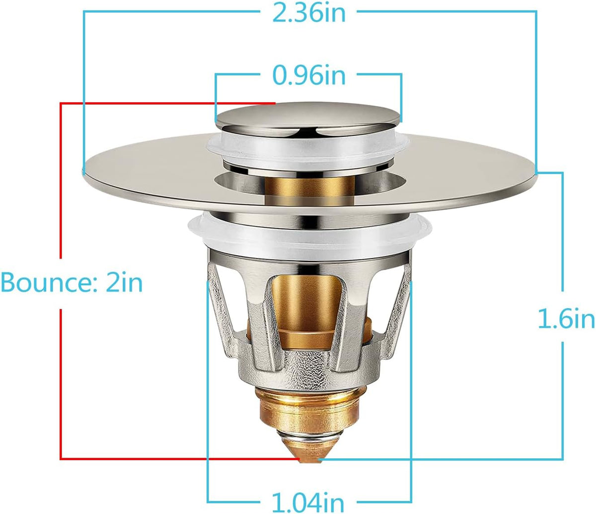 Universal Bathroom Sink Stopper in Brass, 1.04-1.97 Inch Pop Up Basin Sink Drain Stopper, Sink Drain Strainer with Anti Clogging Filter Hair Catcher, Brushed Nickel