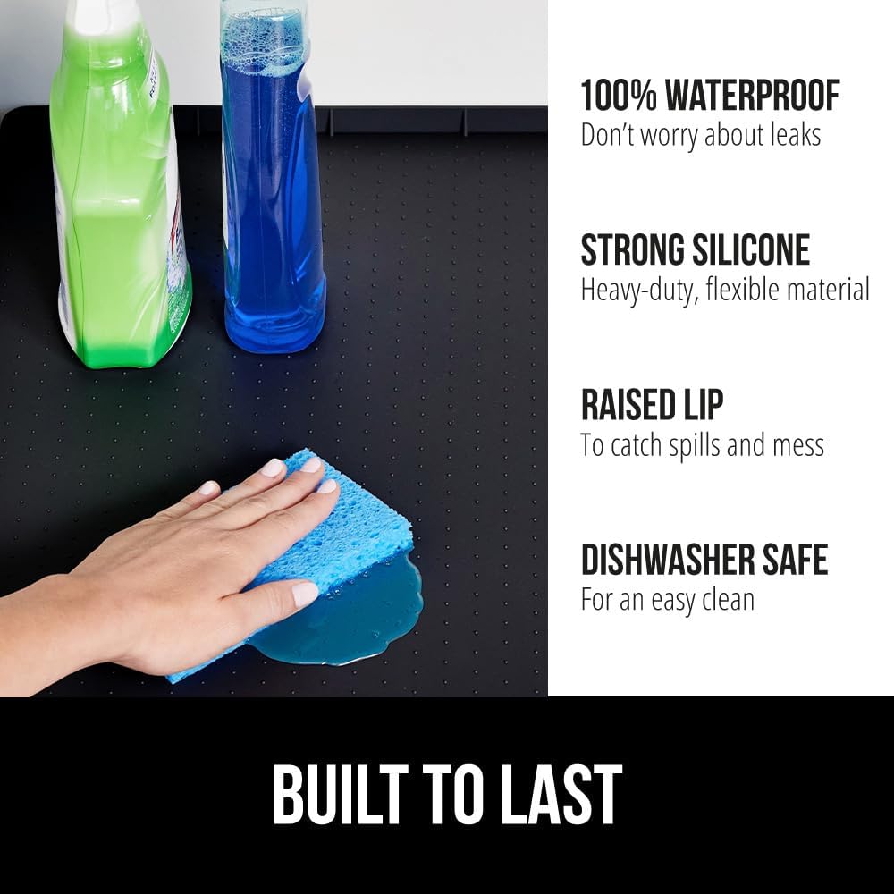 GORILLA GRIP Waterproof Silicone Under Sink Mat with Raised Lip for Kitchen and Bathroom, 31 x 22 in, Cabinet Shelf Liner Stay in Place Mats Dishwasher Safe Drawer Liner, Organizer Tray, Black