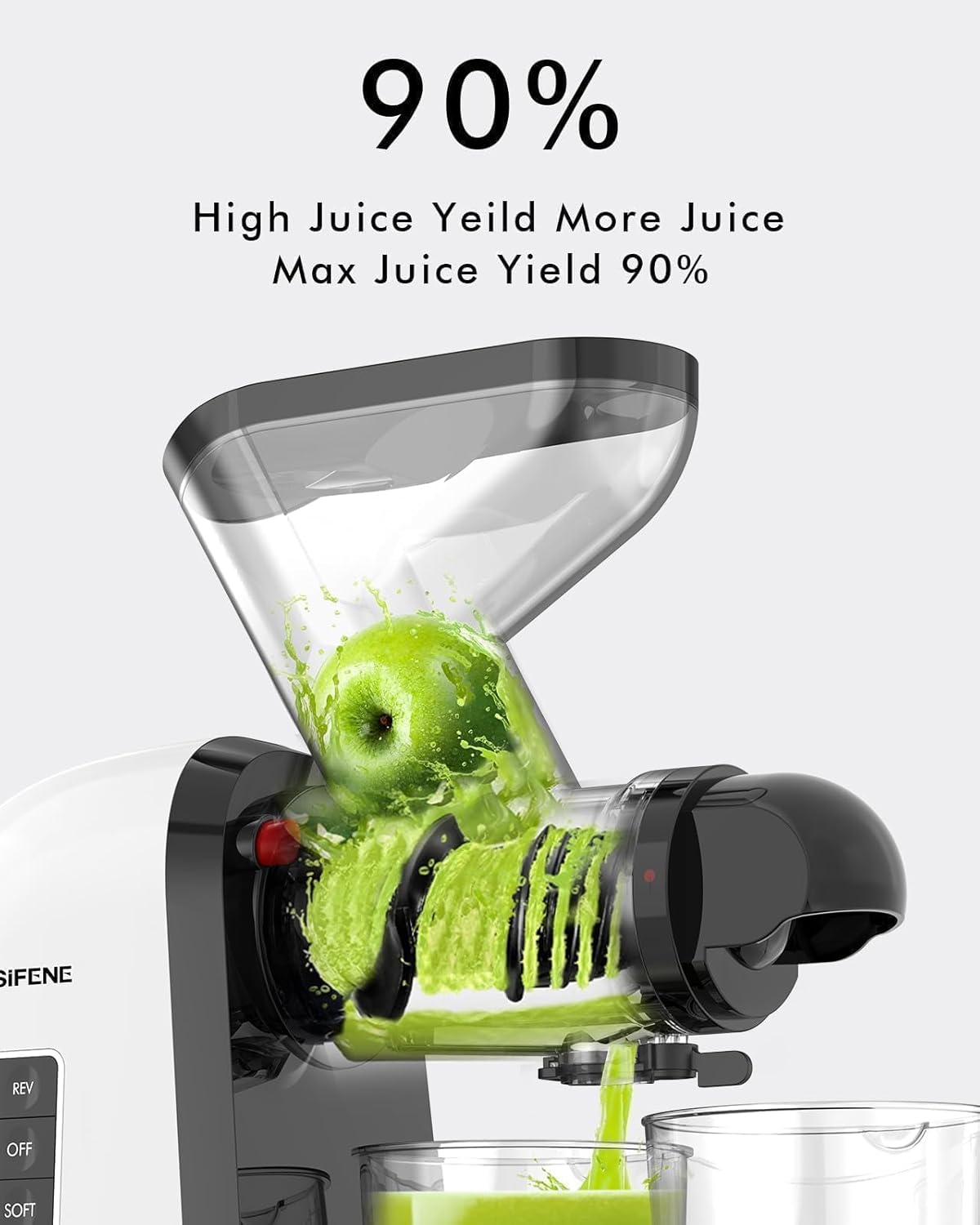 SiFENE Slow Masticating Juicer Machine, Dual 3" Wide Mouth, Anti-Clog Function, Wheatgrass, and Fruit Juice Extractor Maker. Easy to Clean & Non-BPA, White
